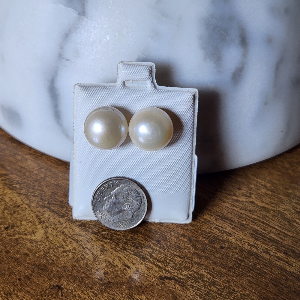 Pearl Stud Earrings Light Cream 13mm Gold Plated Sterling .925 Genuine Pearl - Picture 4 of 7
